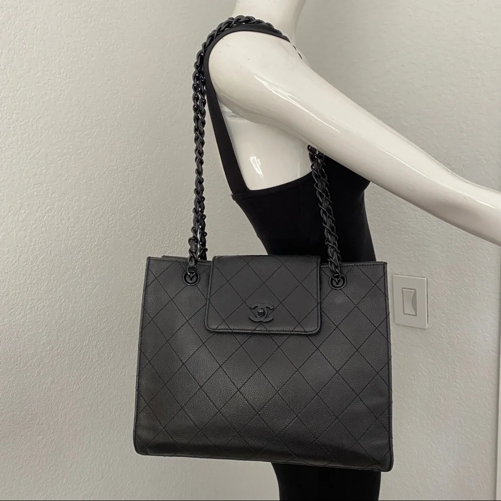 Chanel black quilted leather tote